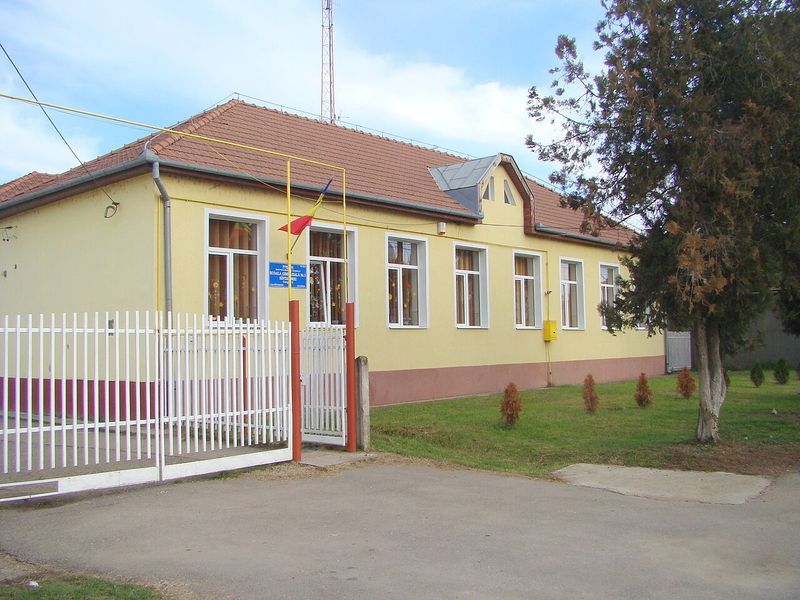 Clădire publică cu drapele în Sântandrei, județul Bihor